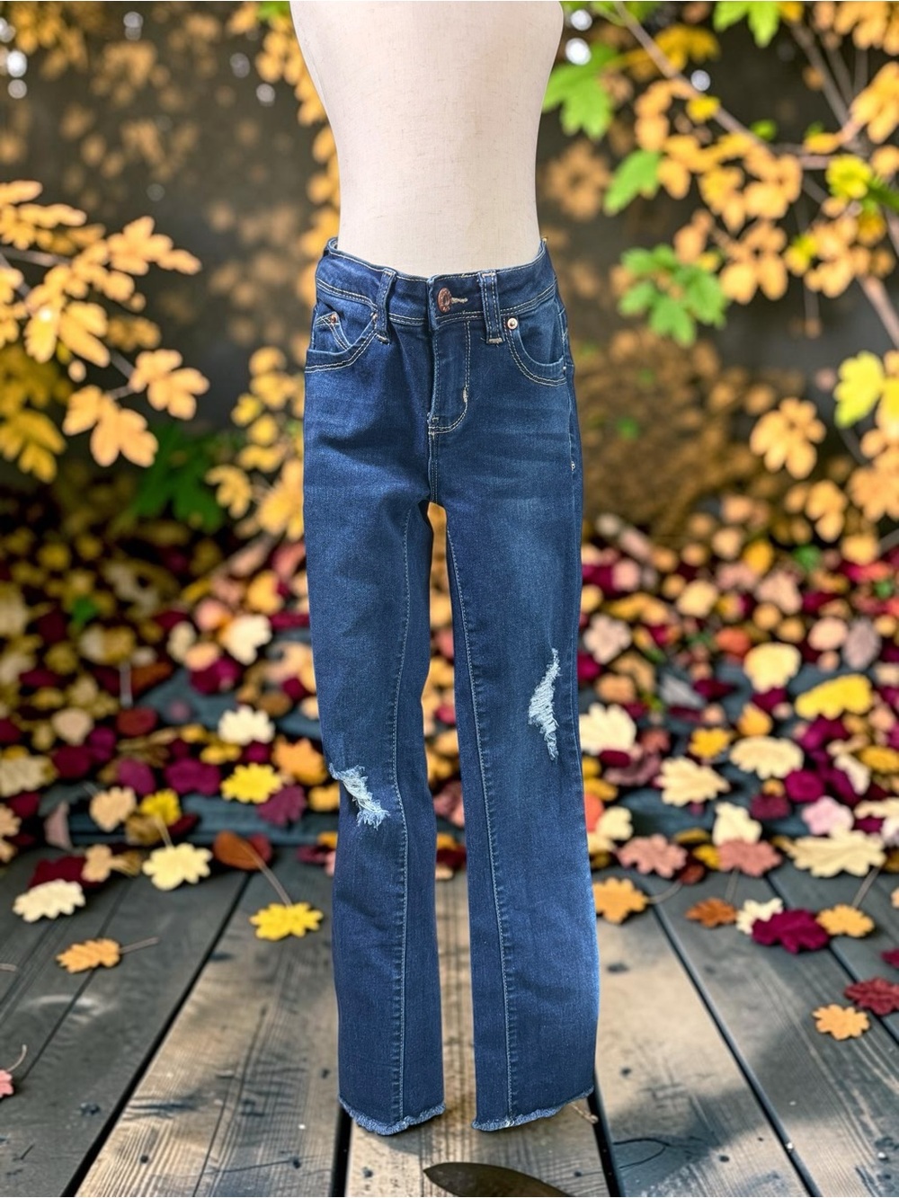 YMI Dark Blue Straight-Leg Kids Jeans with Knee Distress